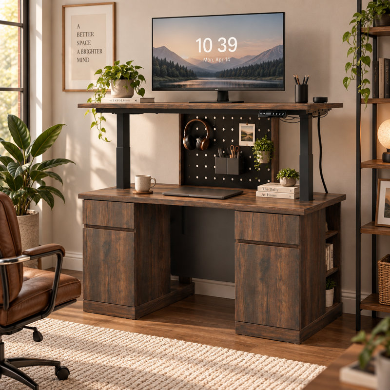 Bureau assis-debout électrique réglable en hauteur, couleur noyer foncé, 138 cm (54,3 po), avec armoires de rangement, panneau perforé, éclairage DEL, étagère réglable et 3 positions mémorisables.