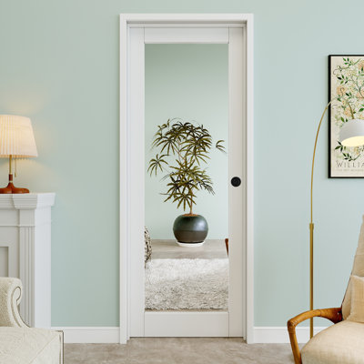 28" x 80" 1-Lite Mirror Interior Prehung Door with Round Knob and Silver Hinges, One Side Mirror, Paintable & Waterproof, Suit for Laundry, Closet Doors, Room Doors, Left Hand