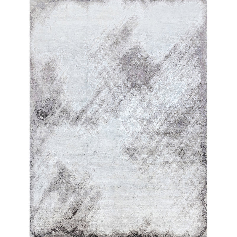 Tapis gris et argent noué à la main de haute qualité, Rectangle 9 pi x 12 pi