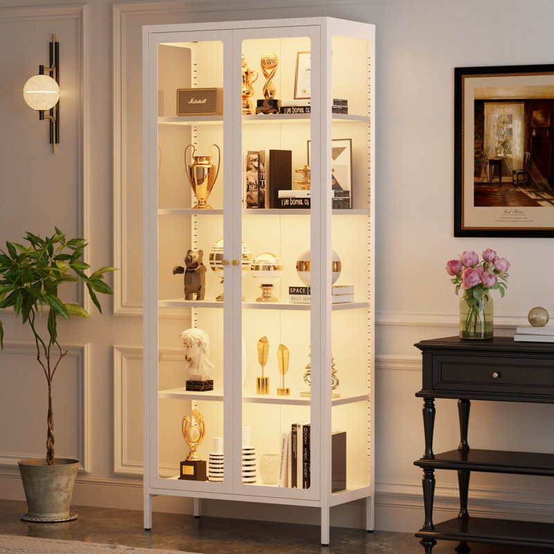 5-Tier White 3-Sided Glass Dining Cabinet with Lights, Metal Display Stand, White