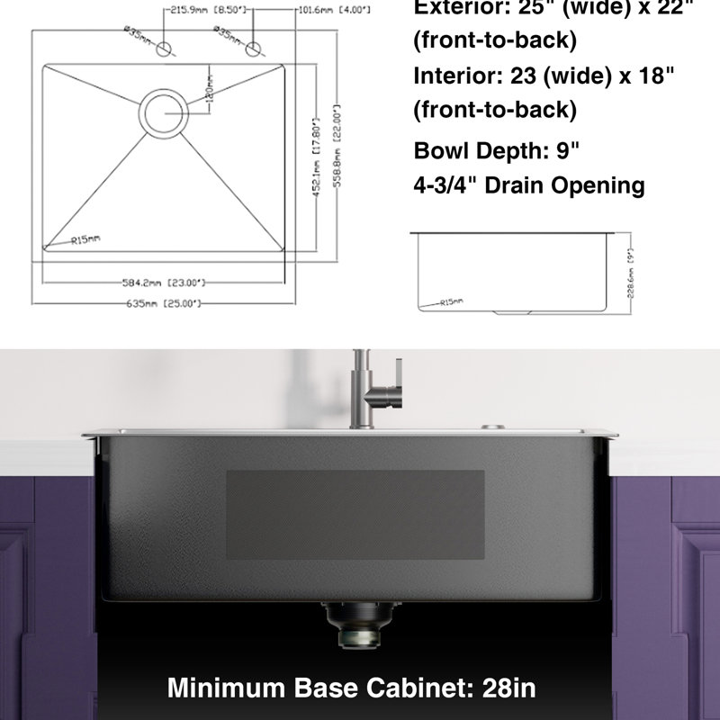 304 Stainless Steel Gunmetal Black Kitchen Sink 25X22inch - Drop-In Setup, Steel, Type, Hygienic