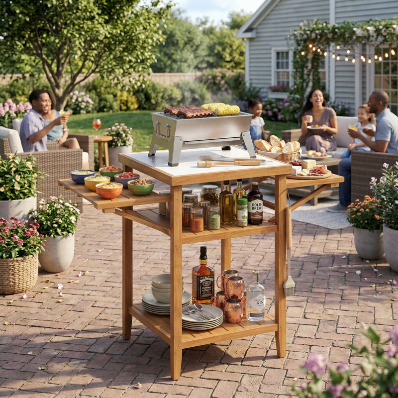 Table de barbecue d'extérieur en bois d'acacia, plateau de table en faux marbre résistant aux taches et panneaux latéraux rabattables rabattables, finition anti-corrosion résistante aux intempéries