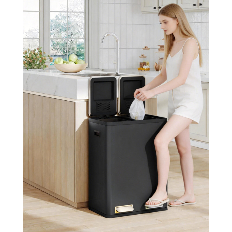 Kitchen Bin, Recycling Bins, Pedal Bin with Lid, Stainless Steel Kitchen Bins Recycling and Waste, Silent Slow-Down Closing Lid, With 15 Exclusive Trash Bags