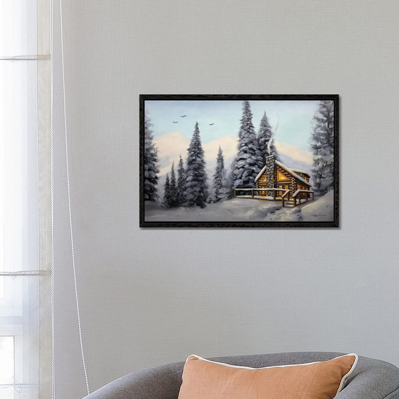 Cabin With Evergreens At Daylight by D. "Rusty" Rust - Floater Frame Gallery-Wrapped Canvas Giclée on Canvas, Black