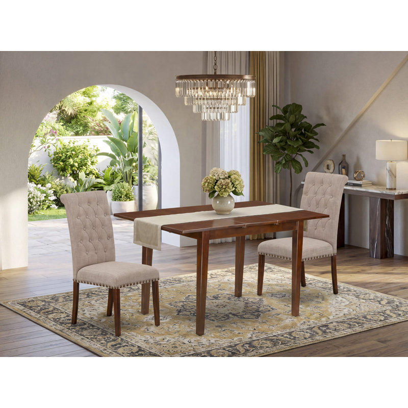 Mahogany Finish Rectangular Solid Wood Top With Butterfly Leaf Dining Table Set, 3