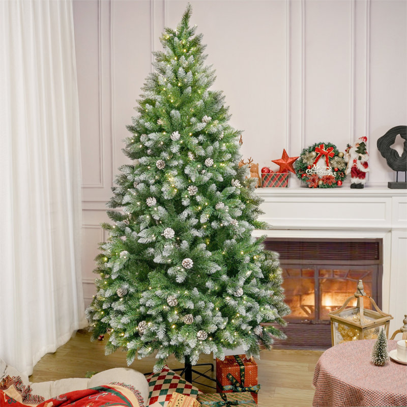 Arbre de Noël artificiel illuminé illuminé avec flocons de neige et pommes de pin 5 pi / 6 pi / 7 pi Stephanie, 5'