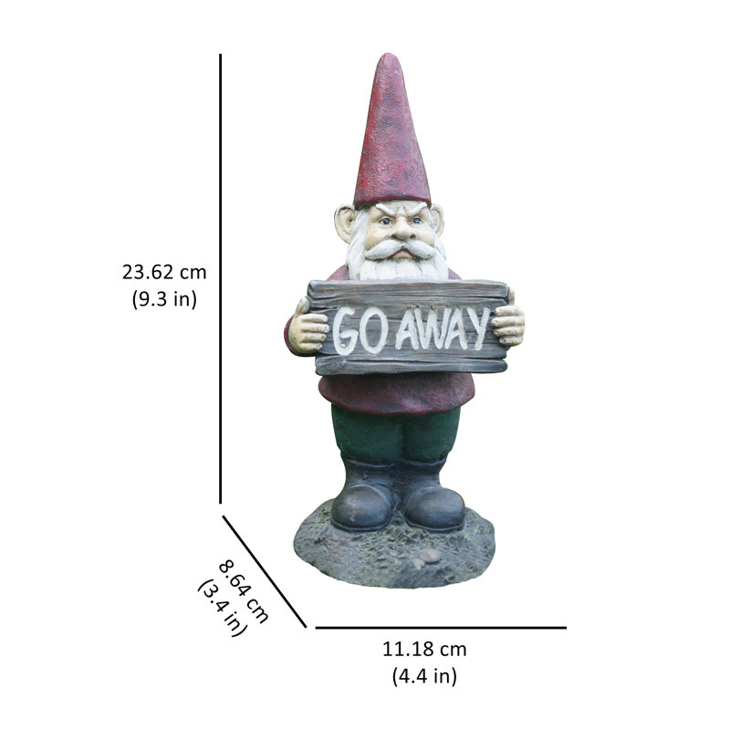 Red and Green Polyresin Gnome Garden Statue with Go Away Sign
