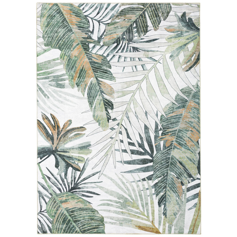 Tapis vert / ivoire lavable à la machine et pliable Jasmine, Rectangulaire 3 pi x 5 pi