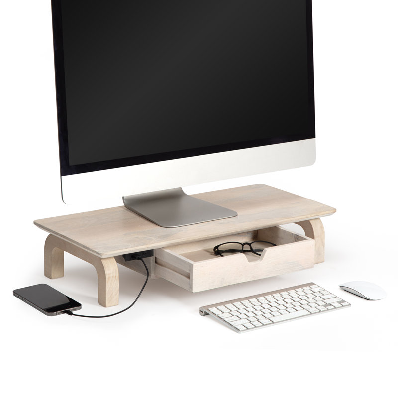 Support pour écran avec tiroir et port USB Brynsley, Blanc délavé, 24 pouces