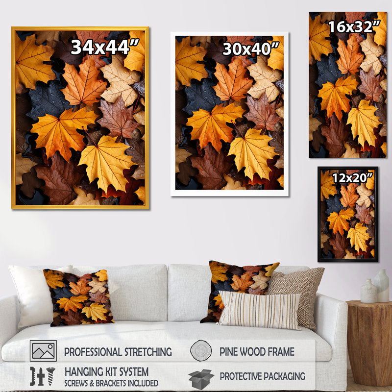 «Yellow and Orange Autumn Mapple Leaves 1» - art mural feuilles, Cadre flottant brun, H 60 po x l 28 po x P 1,5 po