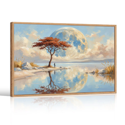 Tableau sur toile représentant une lune géante au-dessus d'un arbre rouge et le reflet d'une personne dans l'eau