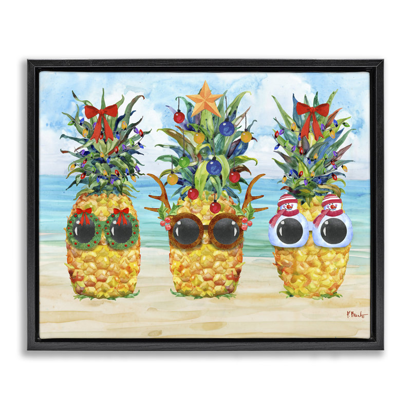 «Christmas Cool Pineapples», art mural encadré flottant doré par Paul Brent, H 17 po x l 21 po, Cadre flottant noir de jais