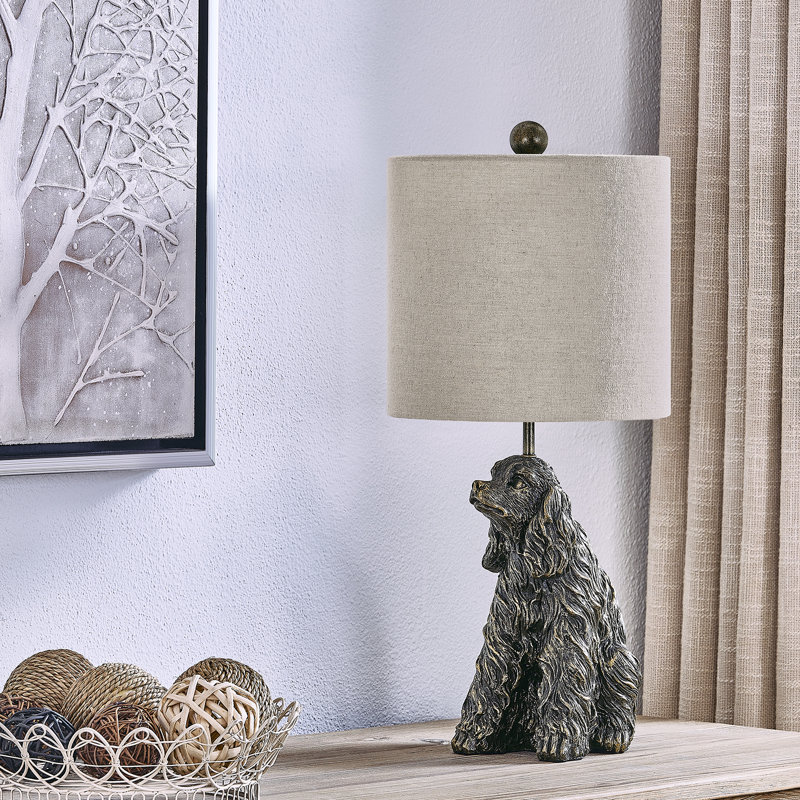 21" Golden Bronze Resin King Charles Cavalier Table Lamp  With Shade, Brown, Tan