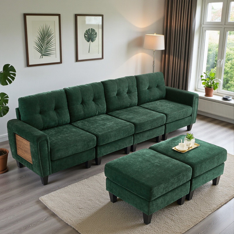 Canapé modulaire rembourré en chenille avec table d'appoint, ports USB et repose-pieds Chenille, Chenille verte
