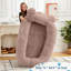 Human Sized Dog Bed for Adults & Large Pets – 71"x45"x12" Orthopedic Pet Sofa with Blanket, High-Density Foam, 2 Storage Pockets, Removable Washable Faux Fur Cover, Portable Lounge – Brown-1175602323