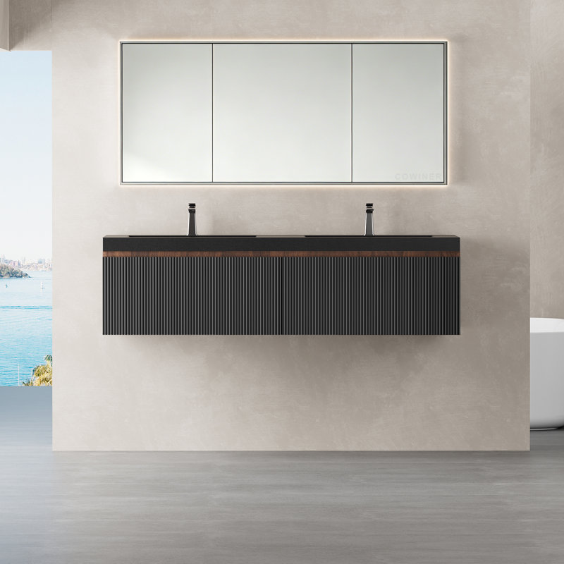 Meuble-lavabo mural 60 po en noyer fumé avec plateau en quartz noir 60 po, 60"