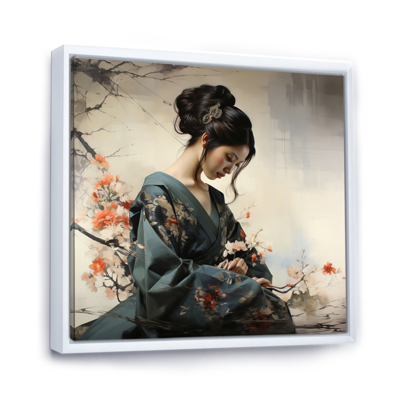 «Asian Art Geishas Grace», reproduction d'art sur toile asiatique, 44" H x 44" W, Cadre flottant blanc