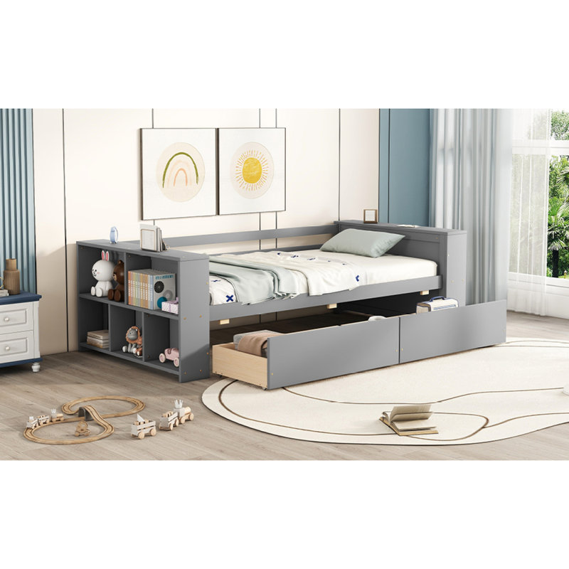 Lit de jour avec tablettes et tiroirs, Gris