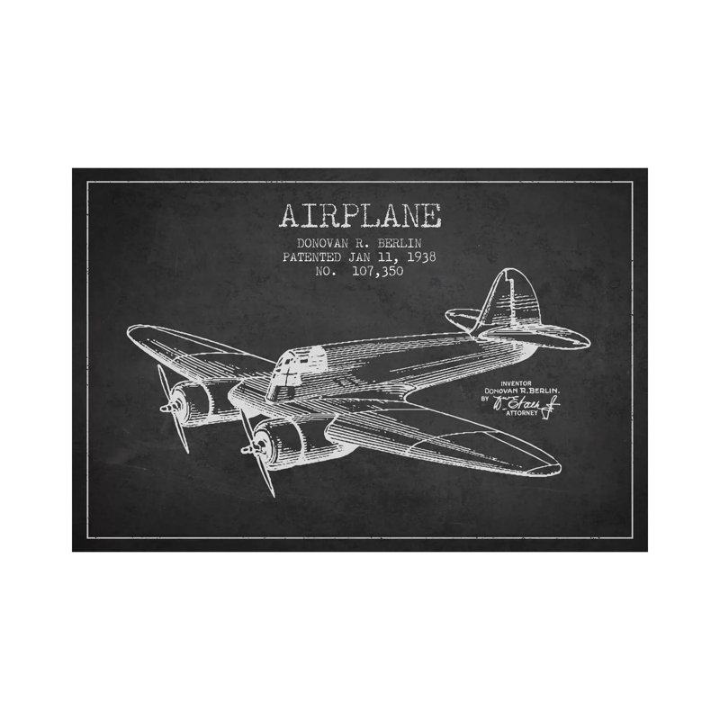 Plane Charcoal Patent Blueprint - Wrapped Canvas Print, 101.6 cm H x 66.04 cm W x 3.175 cm D
