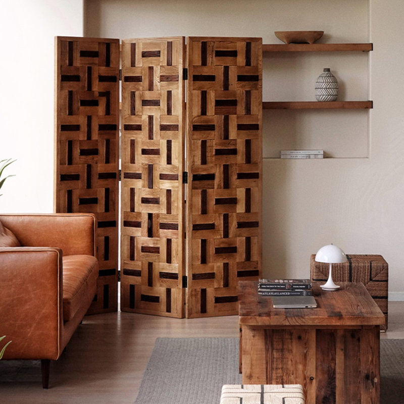 Paravent 3 panneaux en bois massif brun, H 65,35 po x l 59,06 po x P 1,18 po