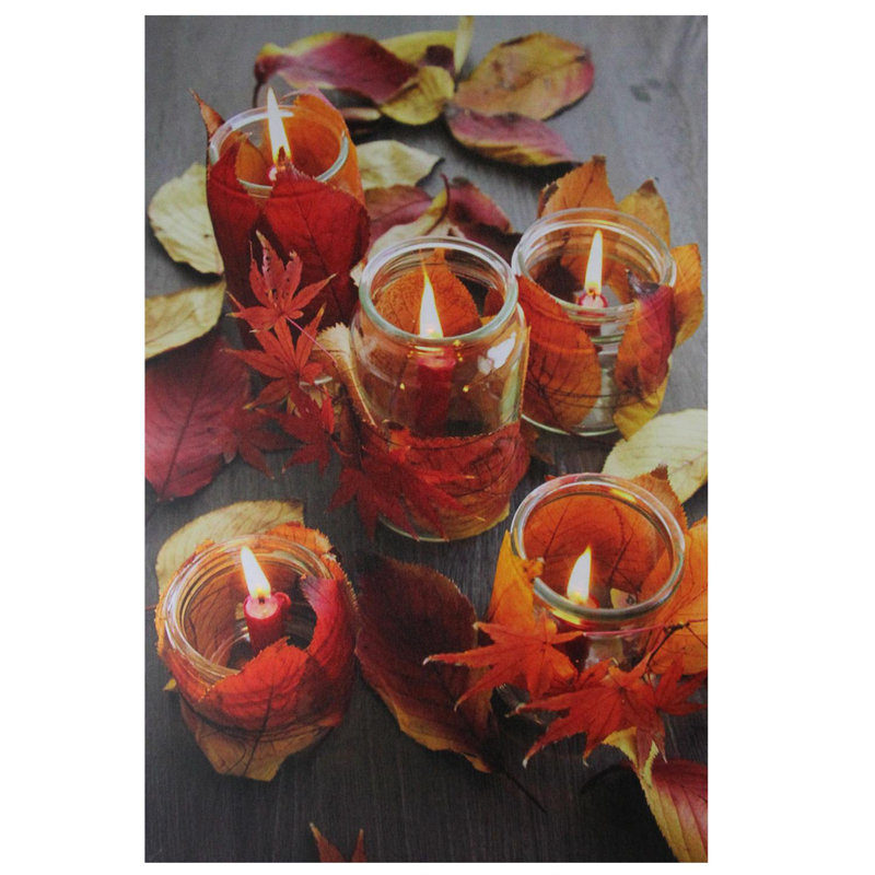 LED Lighted Autumn Leaves and Flickering Candles Canvas Wall Art