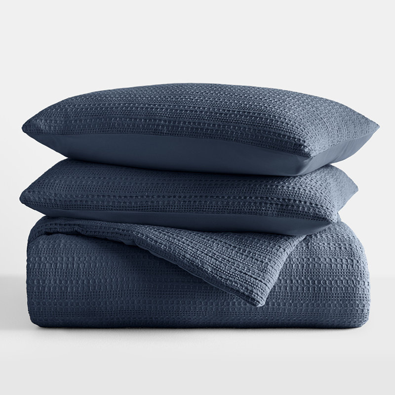 Ensemble d'édredon texturé 3 pièces Waffle, Marine, Édredon pour lit simple + 1 taie décorative stan