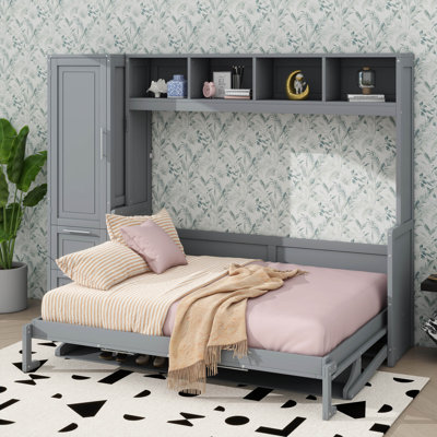 Grand lit escamotable mural avec placard, tablettes et tiroirs