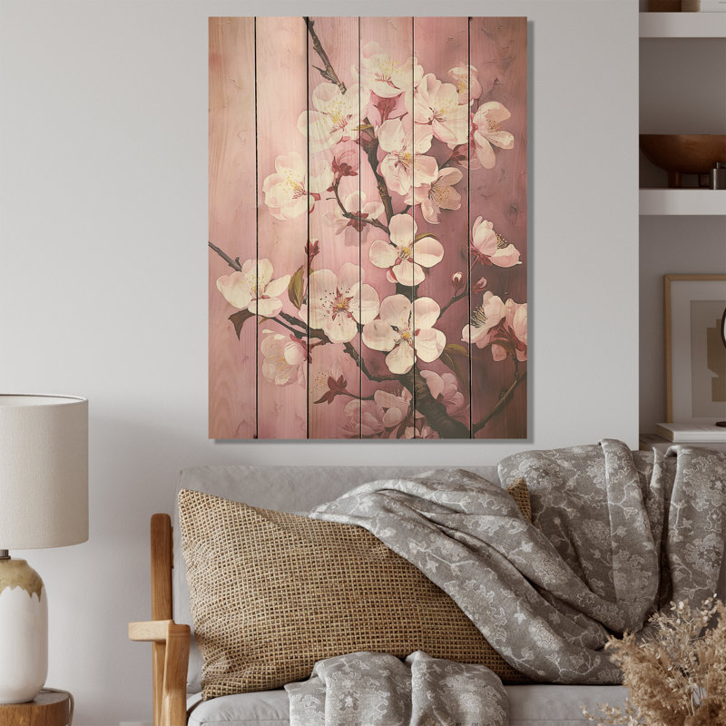 Bourgogne, harmonie de fleurs de cerisier sur bois de pin naturel, H 32 po x l 24 po