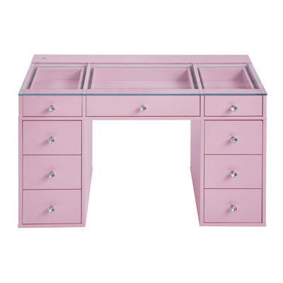 Impressions Vanity Slaystation Kids Vanity Table With Integrated LED Strip Light Tabletop, Faux Crystal Luxe Knobs 7 Storage Drawer Units, Edge To Edg by Latitude Run