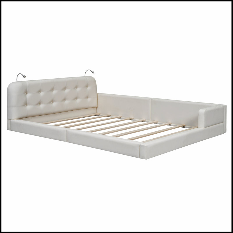 Lit plateforme tapissier avec 2 lampes de lecture, confortable et élégant pour les chambres modernes, Blanc