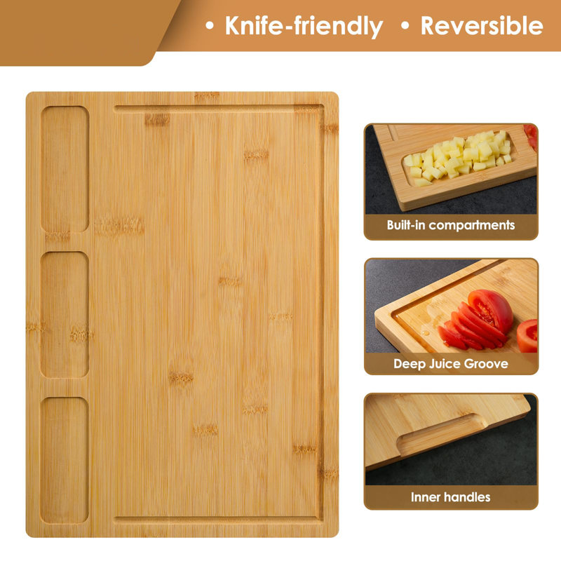 Cutting Boards for Kitchen, (Set of 3) Kitchen Chopping Board with 3 Built-In Compartments and Juice Groove Heavy Duty Serving Tray Wood Butcher Block and Wooden Carving Board