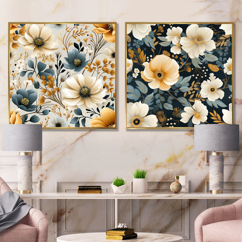 Riendeau - Ensemble de 2 reproductions d'art sur toile florales, Cadre flottant doré, H 16 po x l 33 po x P 1 po