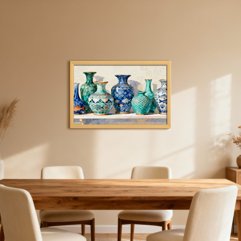 Motifs de vases en céramique bleu, vert et blanc, H 20 po x l 30 po, Toile tendue, Ne s’applique pas