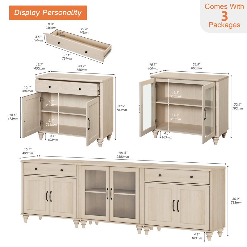 Buffet Corretta avec 2 tiroirs, 2 portes en verre et 4 portes en bois, Beige