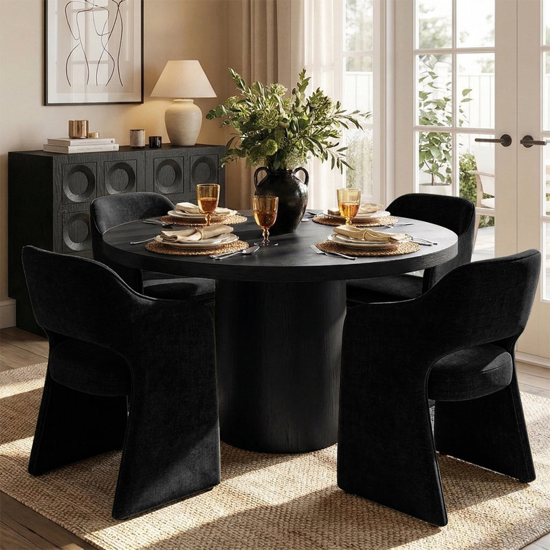 4 - Person Dining Table Sets With Solid Wood Round Table & 4 Upholstered Fabric Chairs, Black, Charcoal