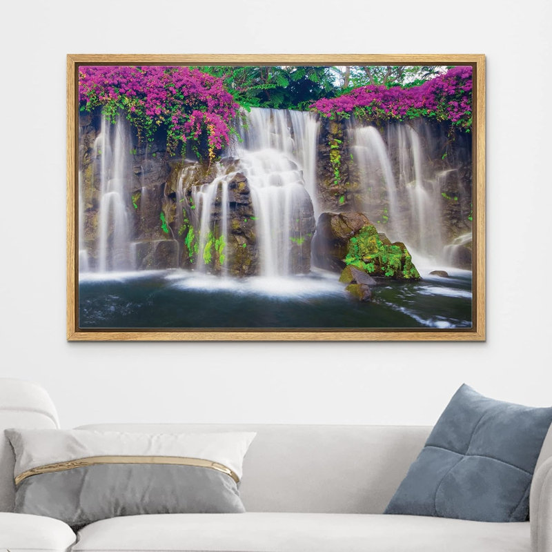 Art sur toile Misty Waterfall, Cadre naturel flottant, H 24 po x l 36 po