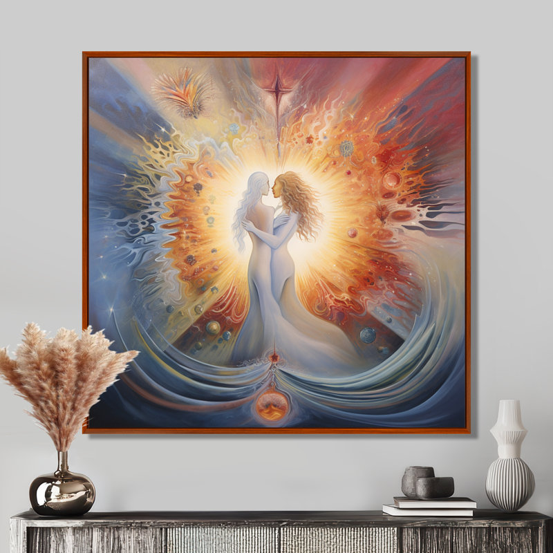 Divine amour céleste Union flammes jumelles - déesse femme, art mural, Toile avec cadre flottant brun