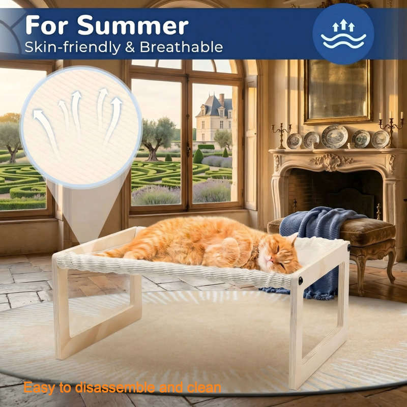 Lit surélevé pour hamac pour chat en bois de 9,5 po de hauteur, vue à 360 °, lit avec matelas d'été respirant, coussin lavable pour chat, chiot, lapin et tous les animaux de compagnie