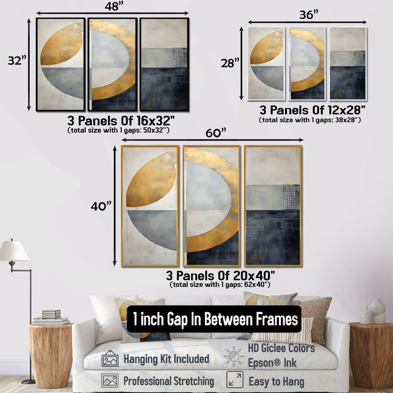 La naissance du soleil doré - ensemble de décorations murales minimalisme, H 28 po x l 36 po x P 1 po, Cadre flottant noir