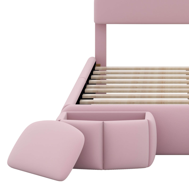 Lit plateforme tapissier pleine grandeur en velours avec tête de lit oreilles de lapin, lumière DEL et 2 tabourets de rangement