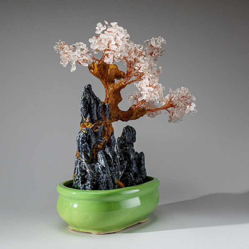 Genuine Quartz Gemstone Bonsai Tree in Oval Ceramic Pot (12")