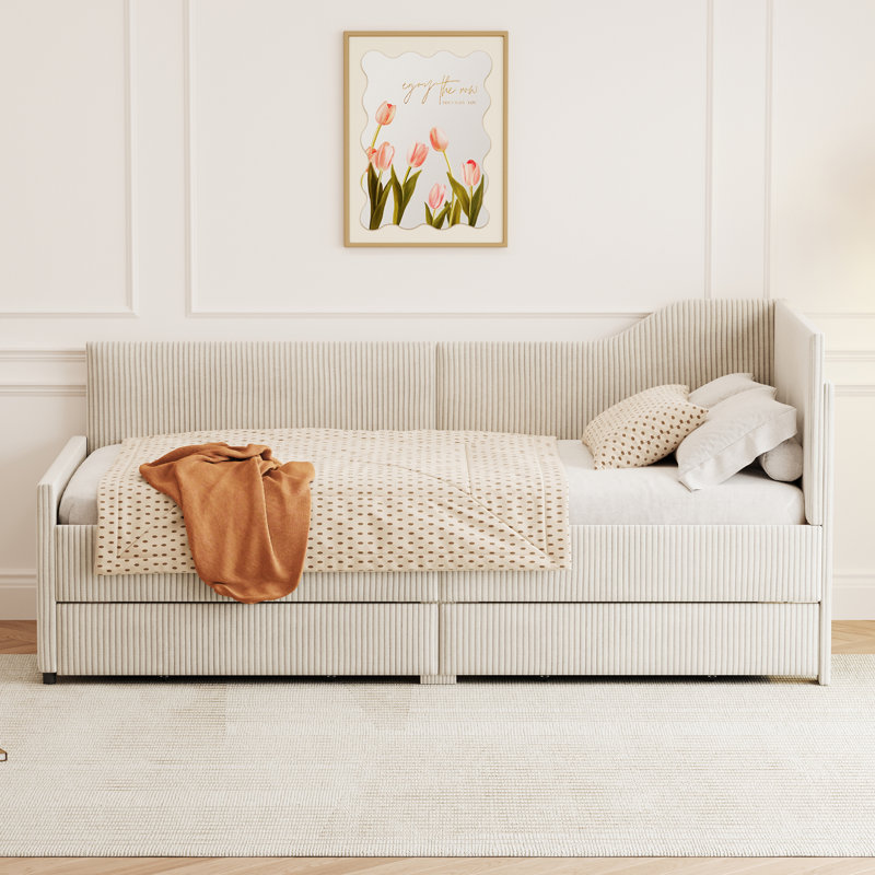Twin Size L-Shaped Corduroy Daybed, Upholstered Platform Bed Frame with 2 Built-In Storage Drawers for a Cozy and Practical Design,