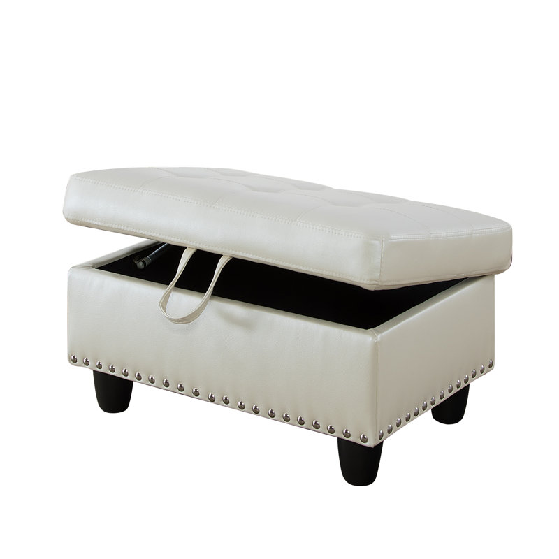 Yinn Upholstered Standard Storage Ottomans with Nails, White Faux Leather