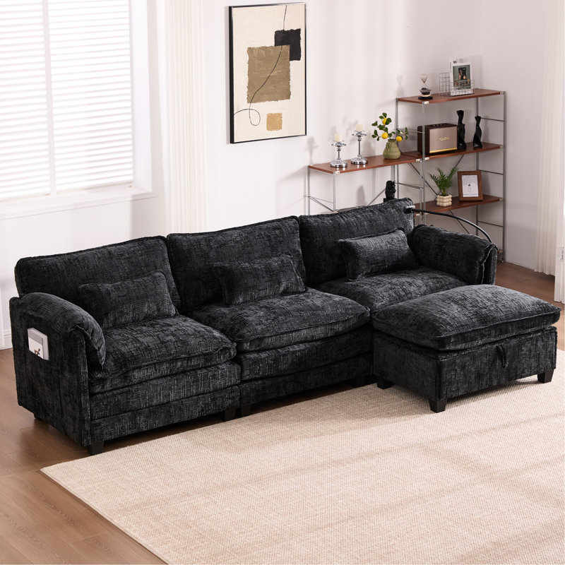 Canapé-lit modulaire en L Chenille, taille 112 po, rangement mobile, ports de chargement et coussins ergonomiques modernes surdimensionnés, type C