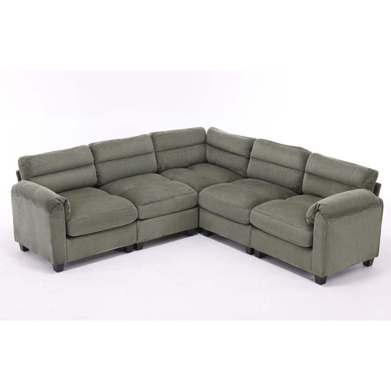 Dona 5-Piece L-Shaped Corduroy Upholstered Modular Sectional, Pillowtop Arm, Green Corduroy