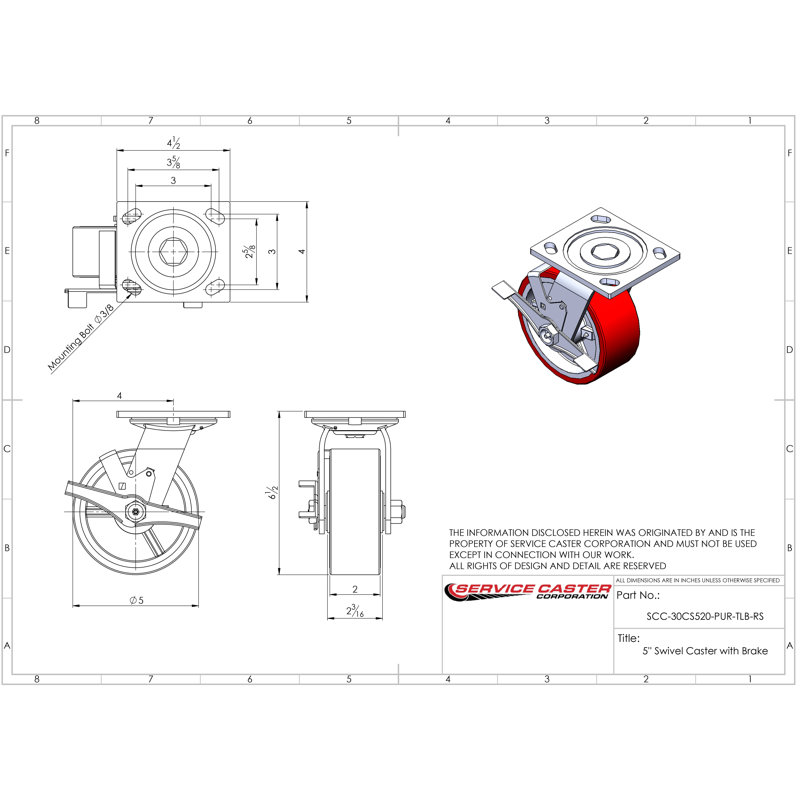 Ensemble de roulettes pour boîte à outils - Roulettes pivotantes en polyuréthane rouge 5 pouces - SCC