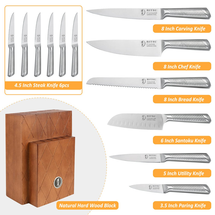 RITSU Knife Set, 12 Pieces Kitchen Knife Set with Block, Ultra Sharp German  Steel Knife Block Set, 6pcs Serrated Steak Knives, Hollow Handle for Chef