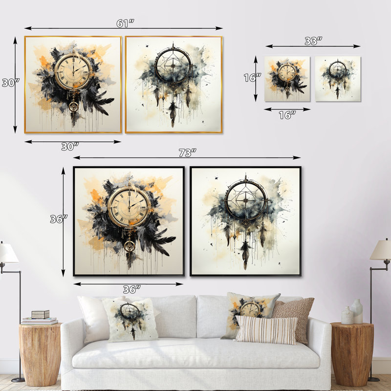 Beige et gris Dreams Keepers - Ensemble de 2 colliers carrés Dream Catcher, Cadre flottant noir, H 16 po x l 33 po
