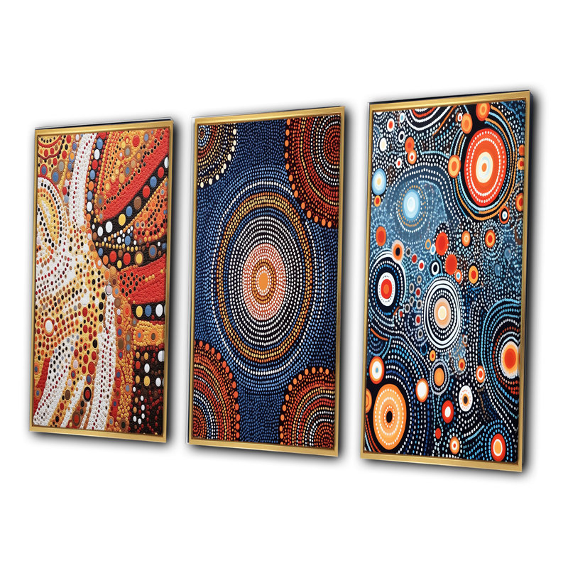 Aboriginal Circular Dot Art Compositions II - Transitional Art Set Of 3 Pieces, Encadrement doré, H 28 po x l 36 po