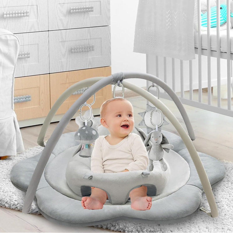3-In-1 Baby Gym Play Mat, Baby Seats For Infants Sitting Up, Tummy Time Mat With 5 Detachable Toys, Activity Gym Playmats For Babies 0-6 6-12 Months,Grey